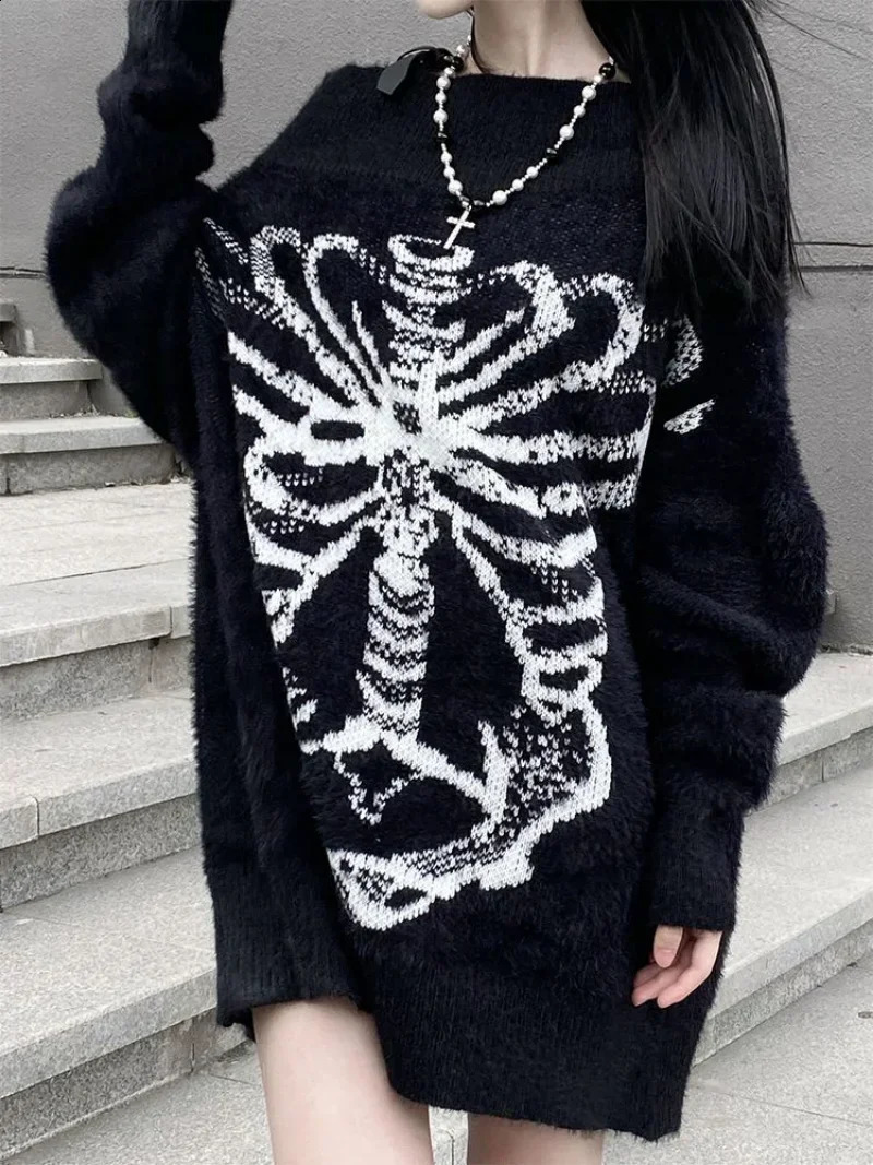Goth Skull Print Harajuku Sweater Tops Aesthetic Women's Black Pullover Harajuku Fashion Streetwear Tops 2000260916