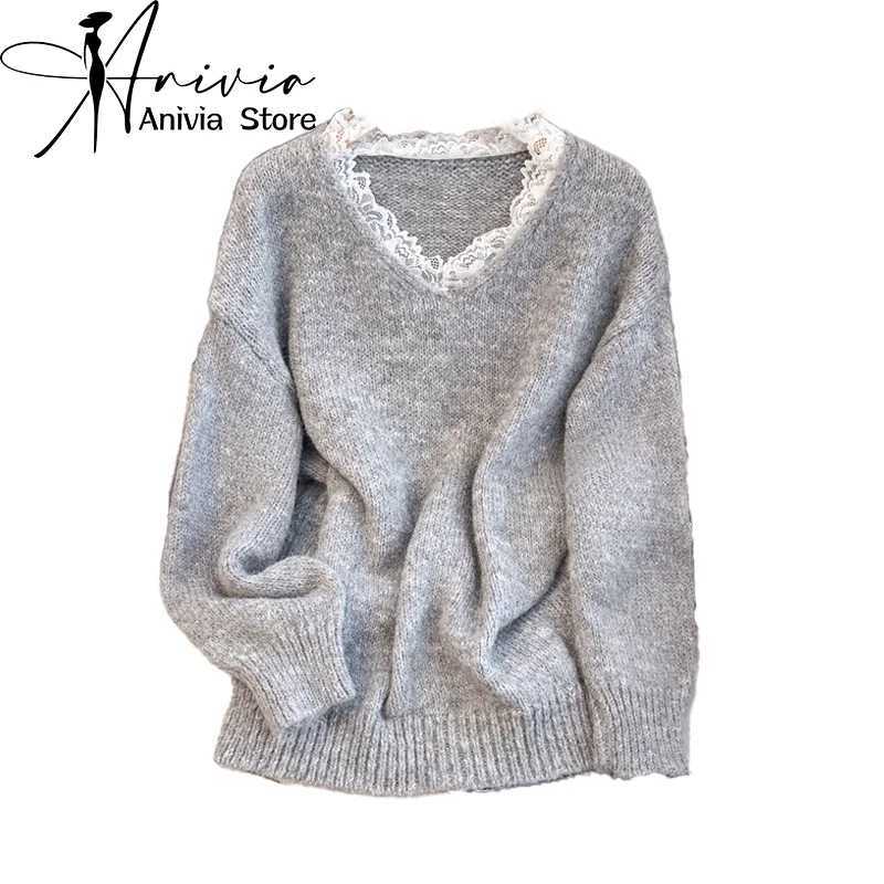 Women's Autumn Winter Lace V-neck Sweater Long Sleeved Y2K Korean Harajuku College 2000s Retro Top Warm Sweater Clothing 2024 S260917UOA3