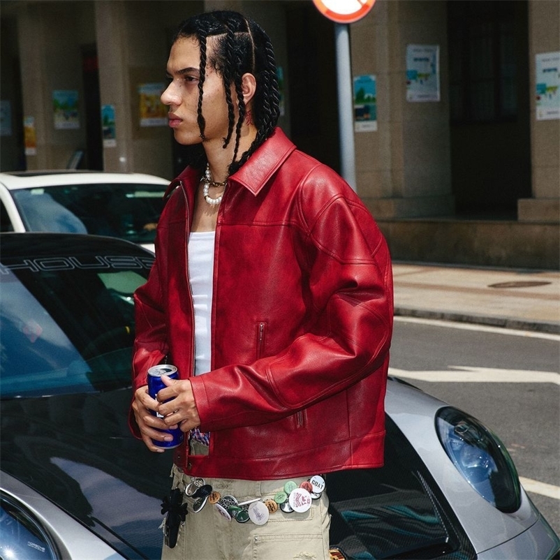 Korean Streetwear Niche 2026 Pu Jacket American High-end Red Short Wide-fit Lapel Coat Leather Jacket Trendy Aesthetic Chic Top 260915