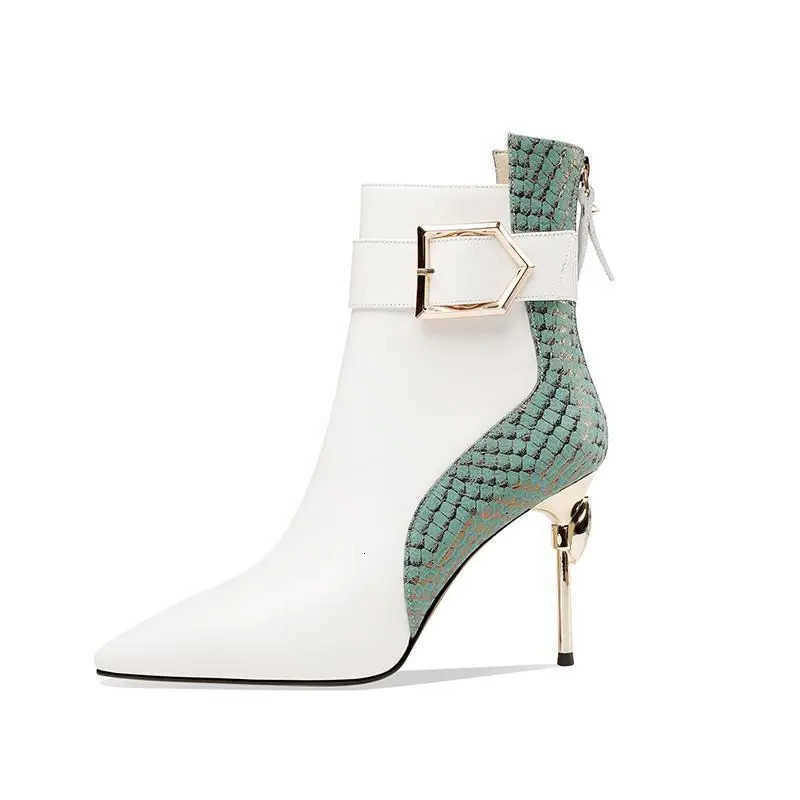 Women's Winter Black Soft Leather Boots Belt Pointed Toe Boots Side Zipper High Heels Shoes for Women Party D260917