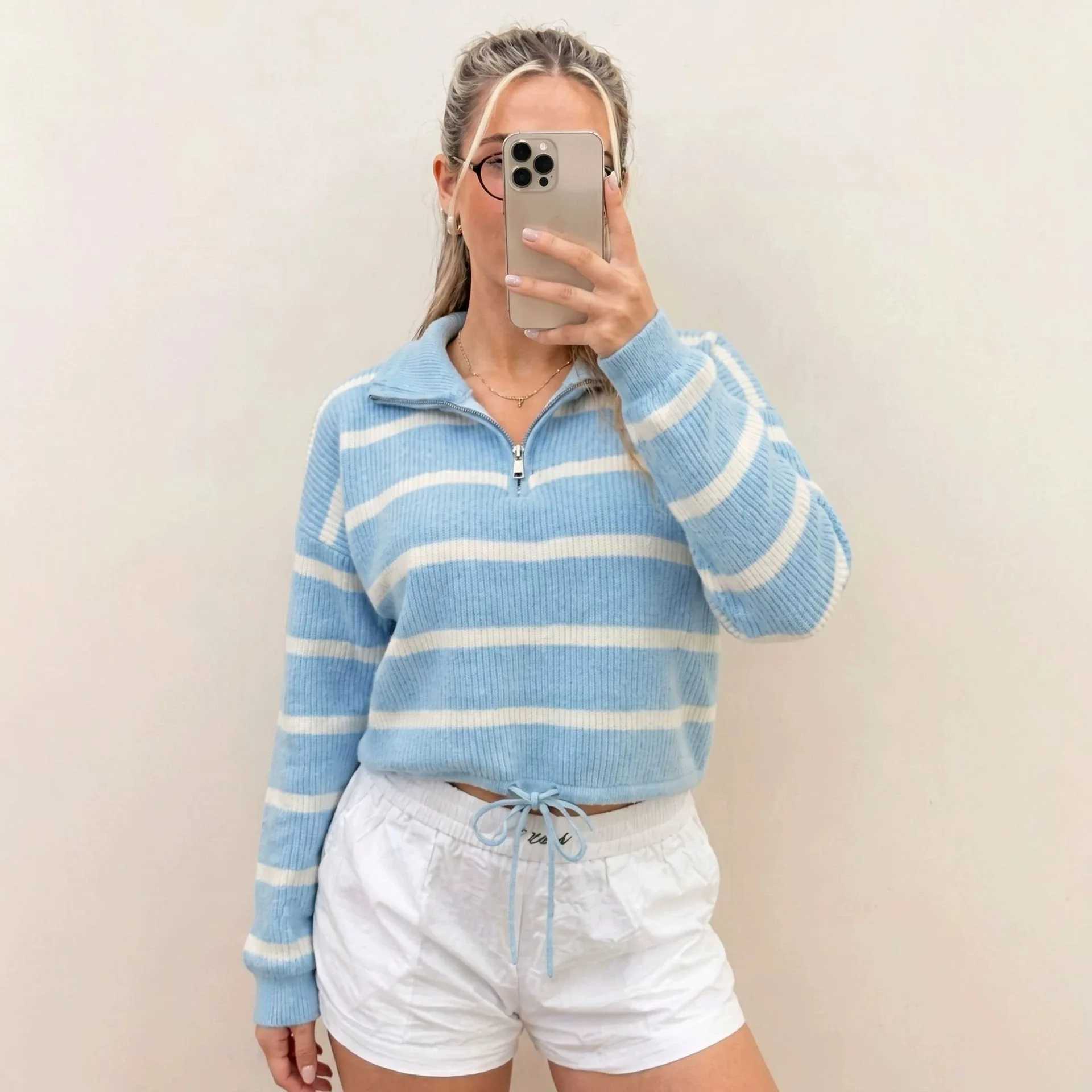 Women's Baby Blue Striped Half Zip Sweater Ribbed Knit Pullover Vintage Y2K Casual Top Strtwear S2609173USQ
