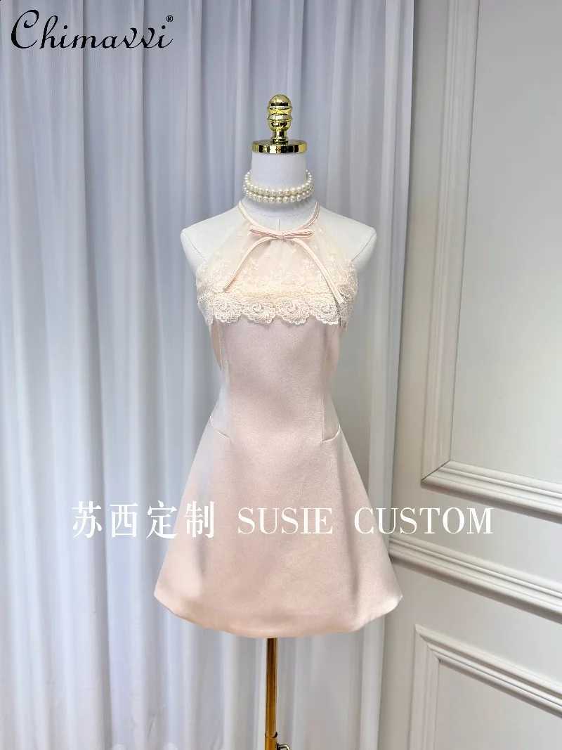 Lolita High-end Sweet Halter Neck Off-the-shoulder Lace Trimmed Satin A-line Vacation Dress Women's Party Slim-fit Mini Dress C260917