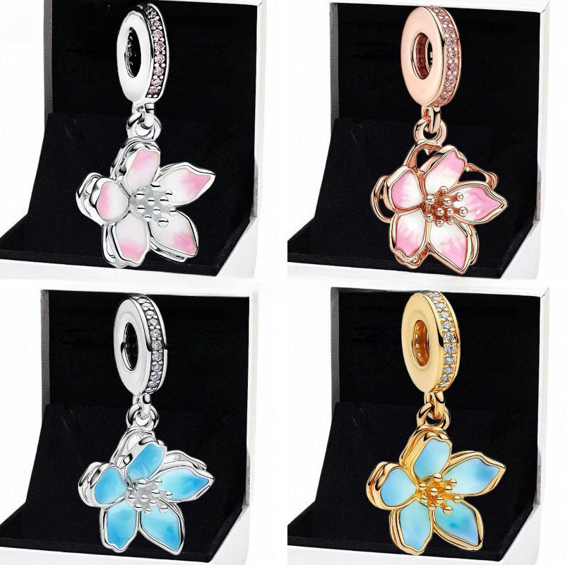 Rose Gold Plated Cherry Blossom Flower Dangle Charm Bead Pink White Enamel Pave Pink CZ Crystal Fit European Style Bracelet Charms Women DIY Jewelry