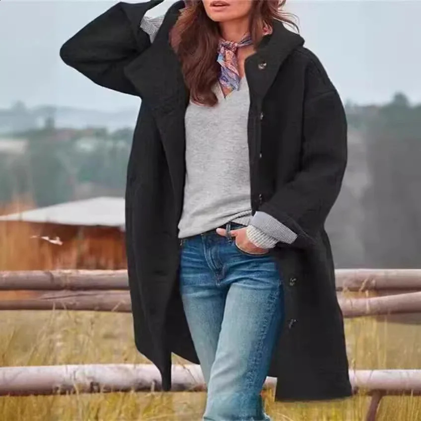 Manteaux Femme Winter Warm Woolen Coat Solid Color Manteau Hooded Fashion Womans Clothing Singlebreasted Long 260917
