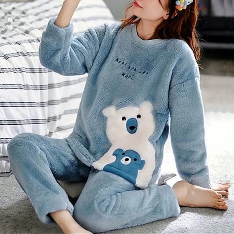 Thickened Warm Flannel Autumn Winter Plus Size Pajamas 2xl Long-Sleeved Suit Blue Cartoon Bear Homewear School Loungewear 260917