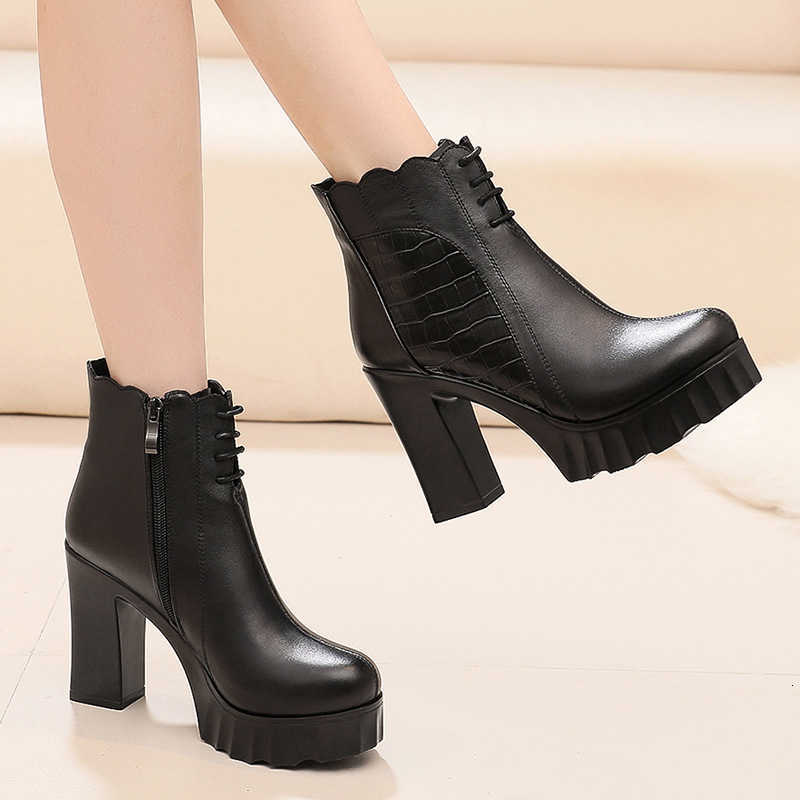 Platform Round Toe Black Women Matten Ankle Booties Thick High Heel Plus Size Handmade Winter Boots D260917