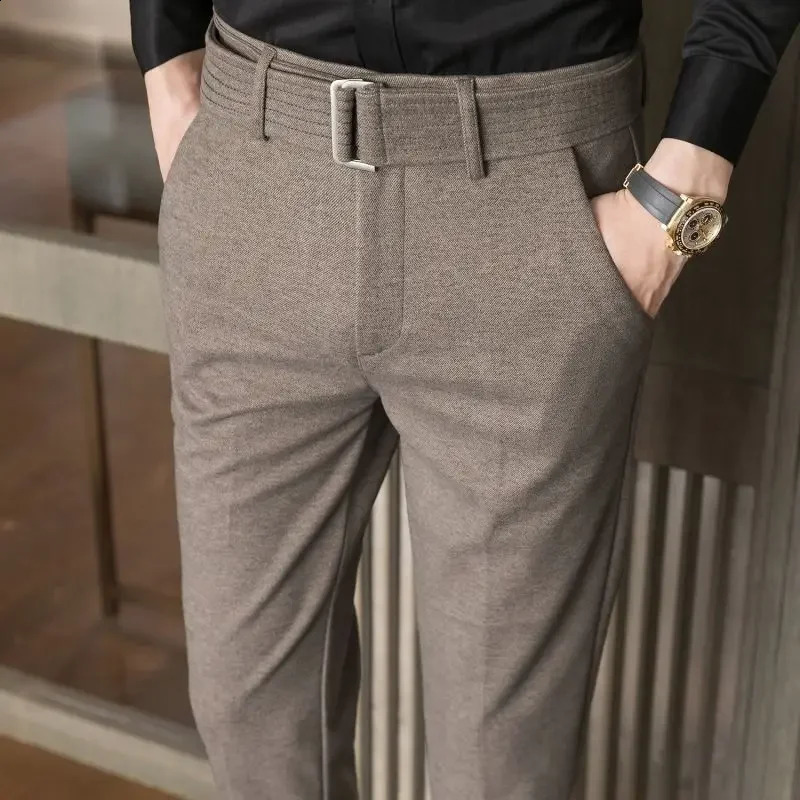 Straight Slim Fit Tressed Male Suit Trousers Social Tailoring Mens Summer Pants Stretch Business Elastic Clothing Promotion 260917