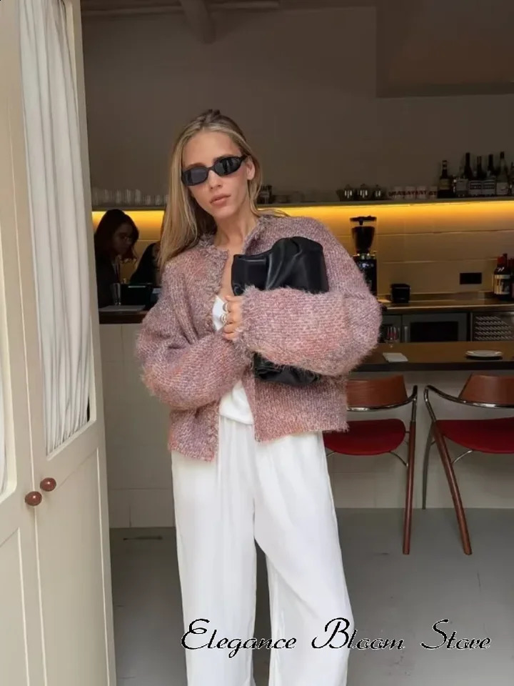 Women Round Neck Tweed Jacket Fringe Trim Long Sleeve Open Front Cropped Texture Outerwear 2026 Lady Elegant Daily Street Coat 260916