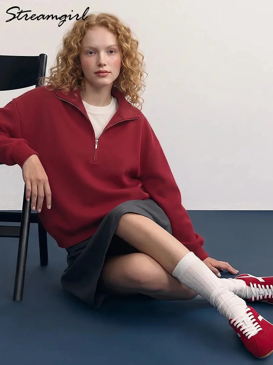 Red Quarter Zip Sweater Women Brown Autumn Loose Pullovers With Zippers For Outwear Oversized White Up Winter 260917