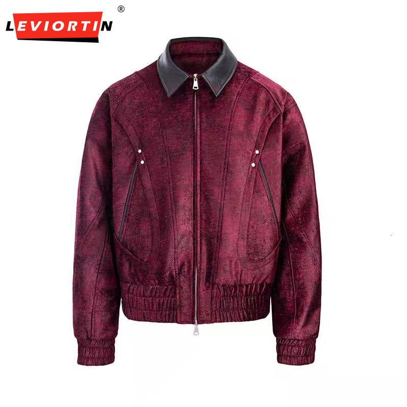 Men's Autumn/Winter American Trendy Brand PU Leather Splicing Collar Design with Double Head Zipper Pocket Workwear Coat 26Y0917