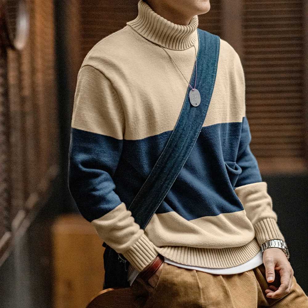 Knitted Maden Retro Sweater Turtleneck Contrasting Color Striped Pullover Warm Versatile Top for Men's Fall and Winter ClothingW260915