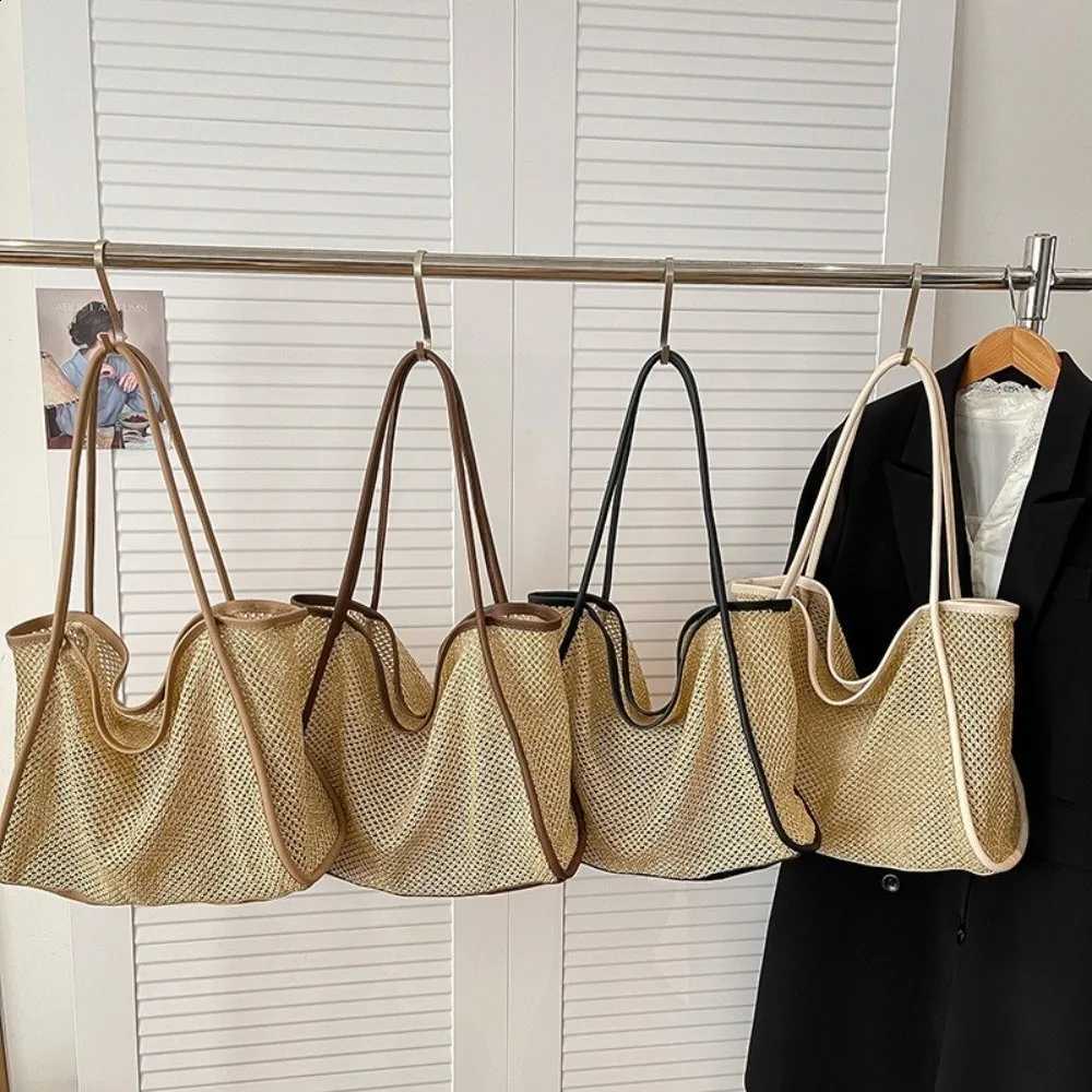 Trendy Versatile Straw Woven Tote Bag PU Trim Large Capacity Handbag 2 In 1 Design Hollow Composite Beach Shopping Bag for Women H260916