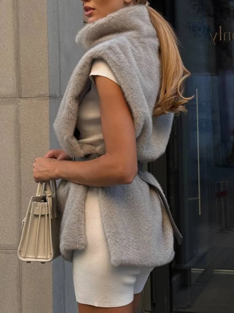 Casual Stand Collar Solid Fur Vest Women Chic Sleeveless Waist Cinching Lace Up Thick Top Fashion Lady Business Commute Tops 260916