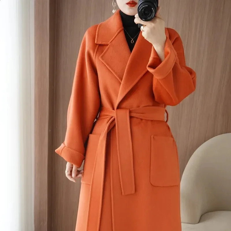 100 Wool Coat Women's Wear 2026 AutumnWinter Fashion Temperament Double sided Cashmere Coats with Belt Elegant Long Overcoat 260917