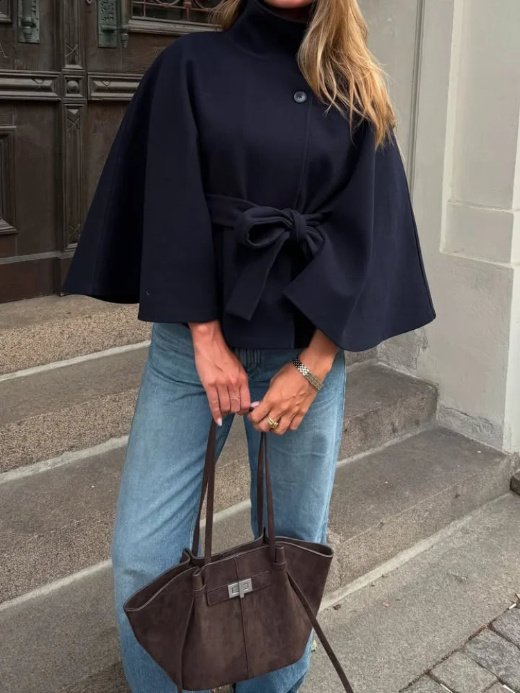 Elegant Wool Blend Cropped Coat With Belt For Women Chic Stand Collar Button Three Quarter Sleeve Jacket Autumn Outerwear 260916