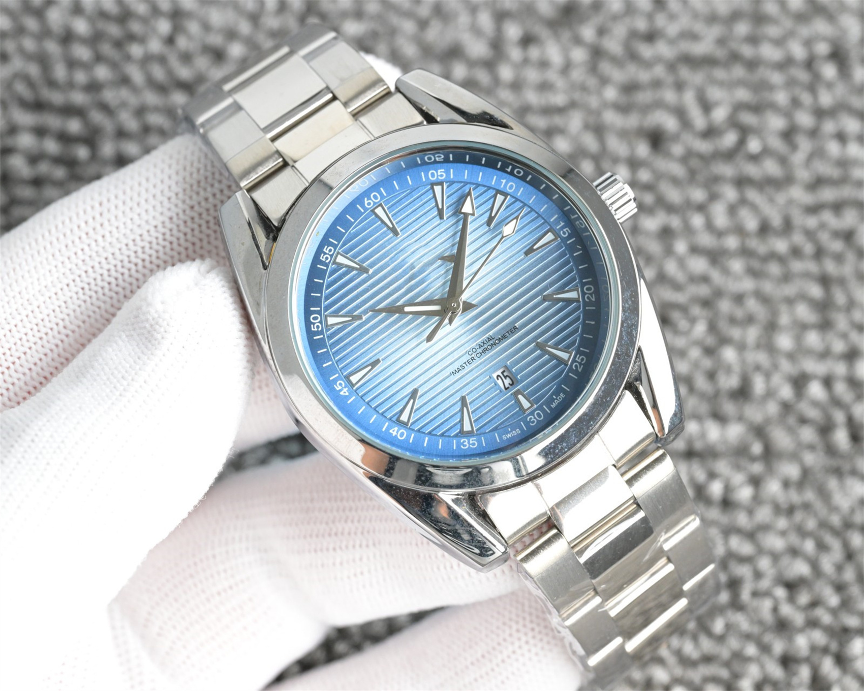 Luxury Designer Men OM SEAMASTEity Quartz Wristwatch, Ice Blue Striped Dial, Calendar Watch, Stainless Steel Watch Simple Business Fashion Daily Men