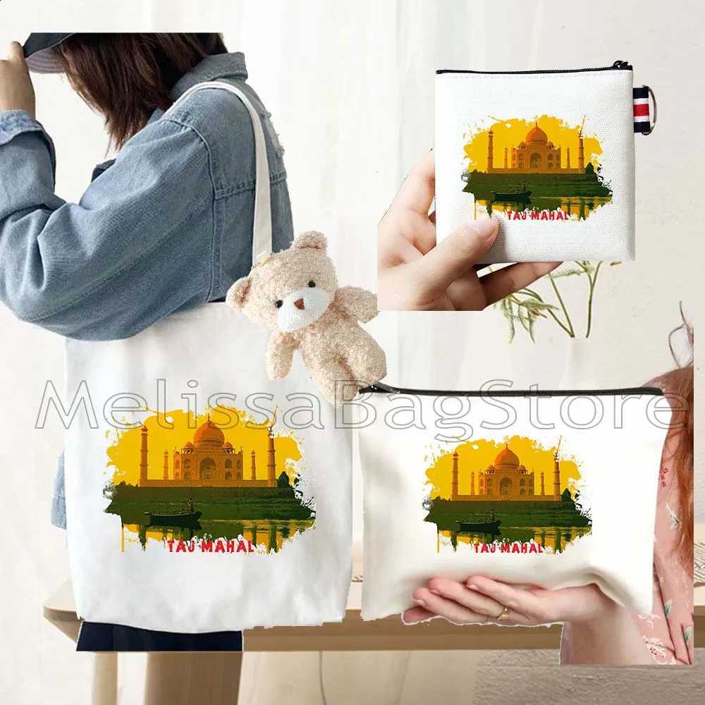 4PCS Gifts Set Taj Mahal India White Canvas Tote Bag Handbag with Doll Key Coin Purse Cosmetic Makeup Toilet Bag Case Pouch H260916