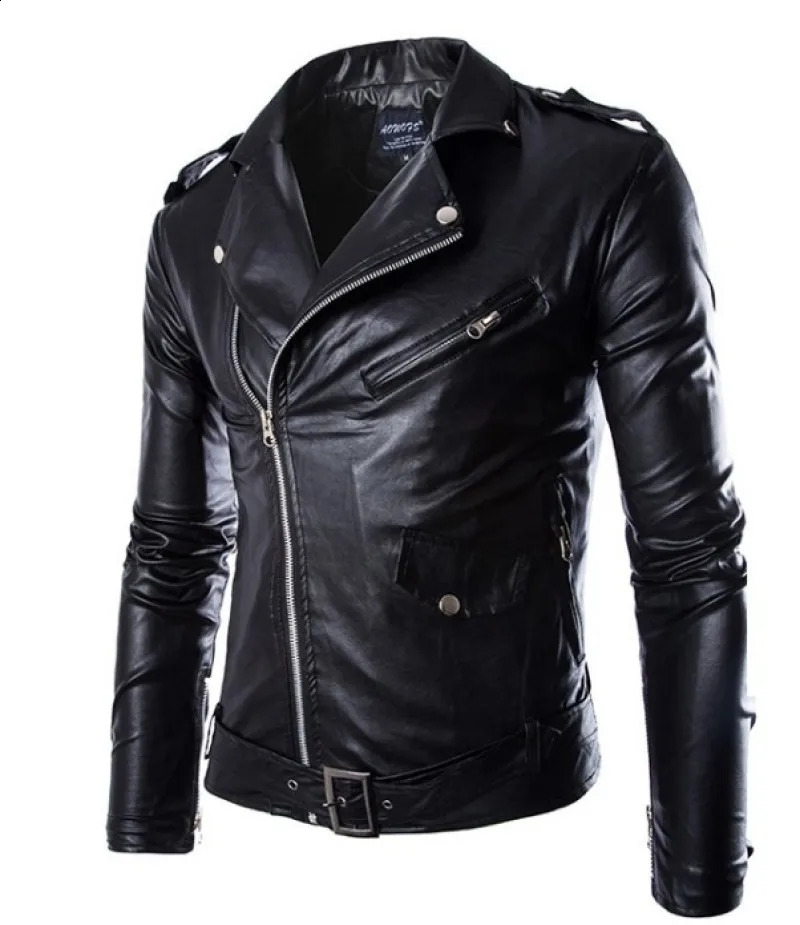 Men's zipup synthetic leather jacket casual motorcycle black and white spring fall 260916