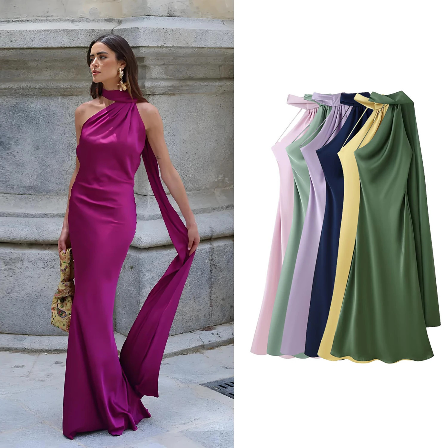 Women's Elegant Ribbon Long Satin Party Dress Female Chic Halter Backless Sleeveless Dresses Summer Lady Solid Evening Gowns 260917