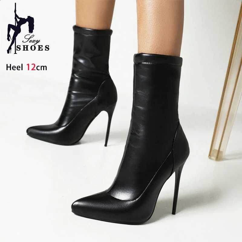 Sexy Sock Boots For Women 12CM Thin High Heels Ladies Pointy Toe Short Ankle Boots Plus Size 46 Slip-On Winter Shoes Botas Mujer D2609171
