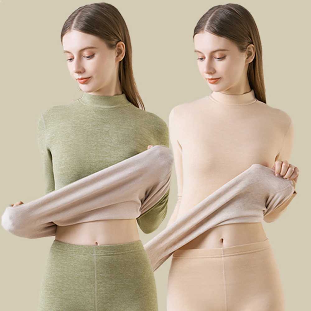 Women's Cashmere Silk Thermal Underwear Thermal Tops Warm Pants Thickened Solid color Half turtleneck Long Sleeve Winter Clothes H260916