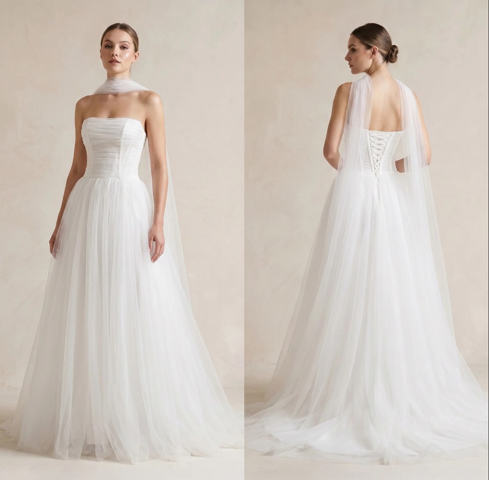 Fantastic White Tulle Strapless A Line Wedding Dress With Detachable Floating Cape Sleeveless Lace Up Back Bridal Gown Simple Bride Robe De Mariee C