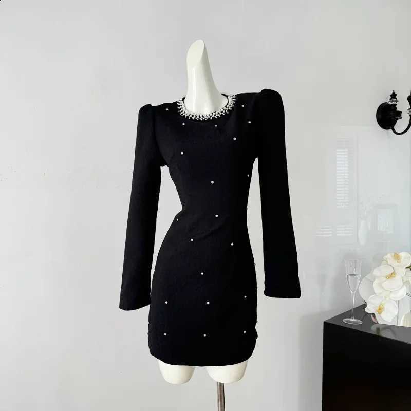 Neck Women Round Beaded Black Birthday Party Dress Long Sleeve French Hepburn Elegant Sweet White Wedding Chic Mini Dress C260917