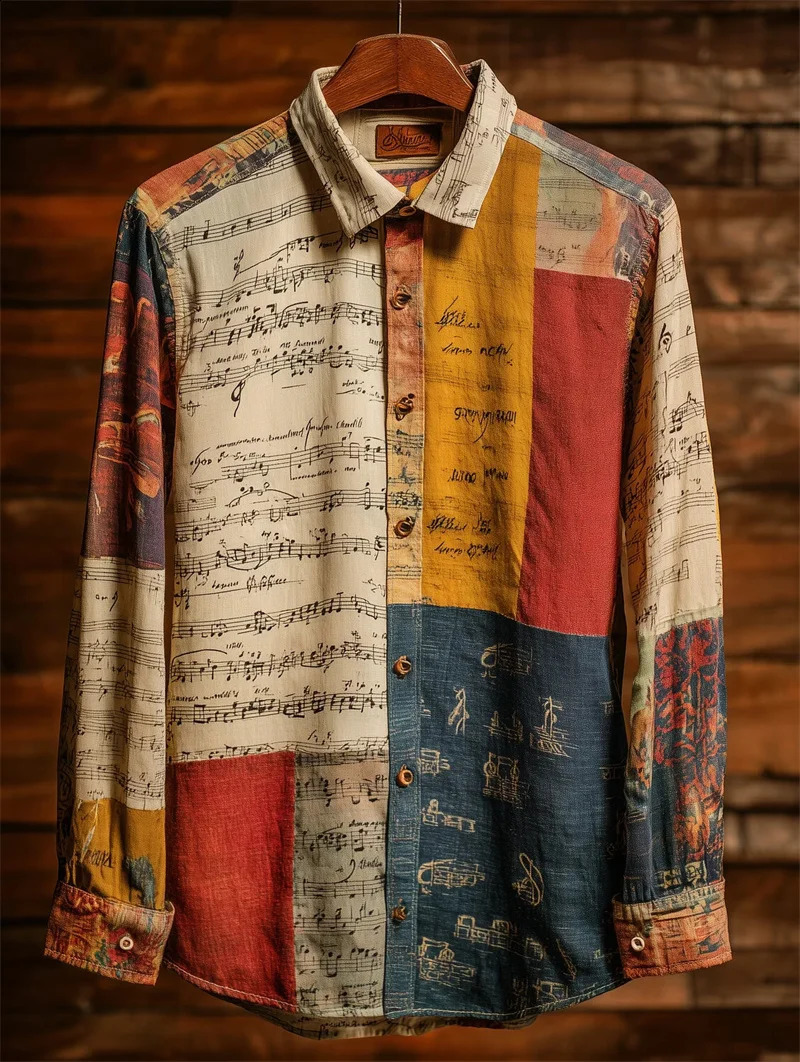 Men's 3D Art Printed Shirt Casual Vintage Linen Style Long Sleeve Lapel Collar Top Fashion Beige 260916
