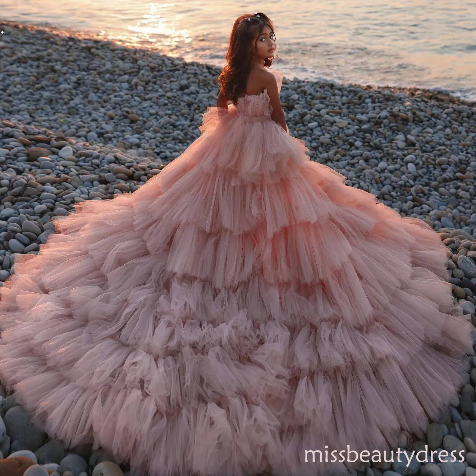 Blush Pink High Low Flower Girl For Beach Wedding Kids Strapless Party Girls Pageant Dresses Princess Birthday Photoshoot