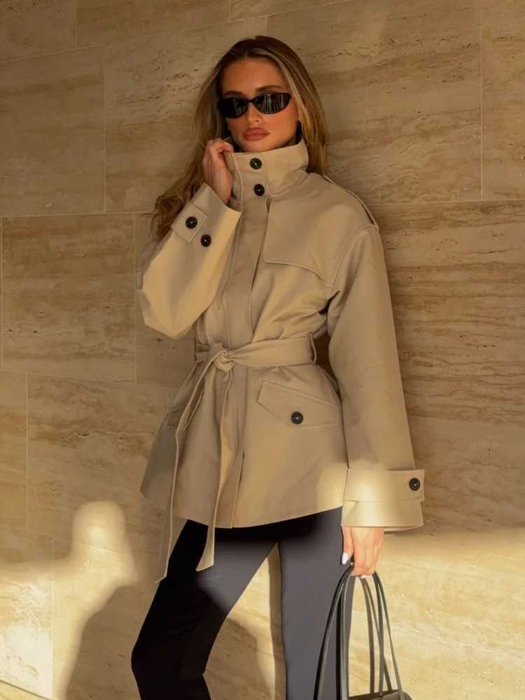 Stand Women Collar Collar Mid-length Trench Coat Solid Belted Lace Up Cinched Waist Windbreaker Lady Autumn New Outfits 2026 C260917