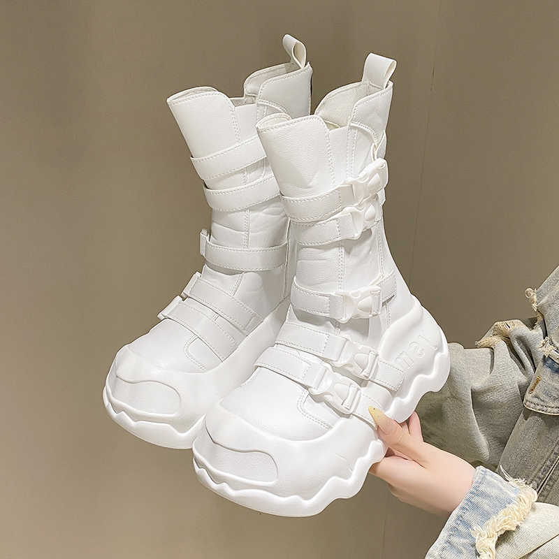 Leather Spring Platform 8CM Wedge Flats Women 2025 Autumn British Motorcycle fashion ZIP Ankle Boots White Ladies Shoes D260917