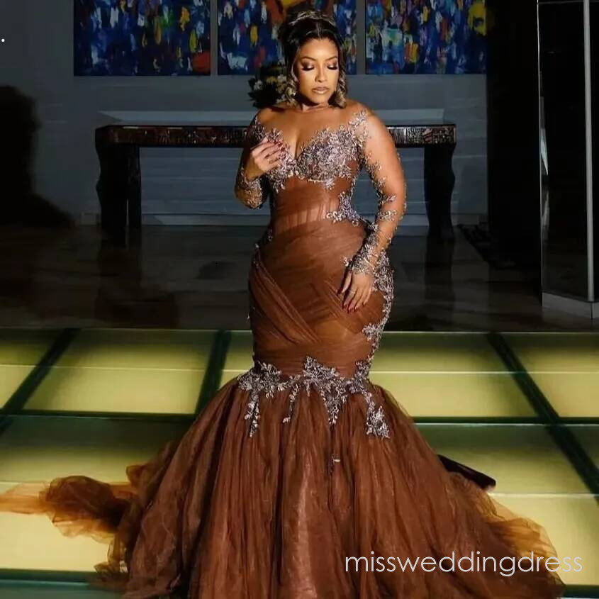 2026 Plus Size Chocolate Illusion Mermaid Evening Dresses Special Occasions Lace Tulle Prom Party Birthday Gowns Dress For Women Vestidos de novia 1