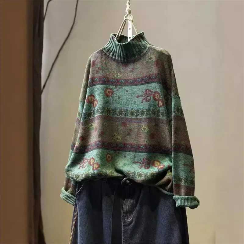 Johnature Korean Vintage Floral Print Mock Neck Casual Loose Sweater 2025 Woman Autumn New Fashion Cotton Long Sleeves Sweater S2609177WW1