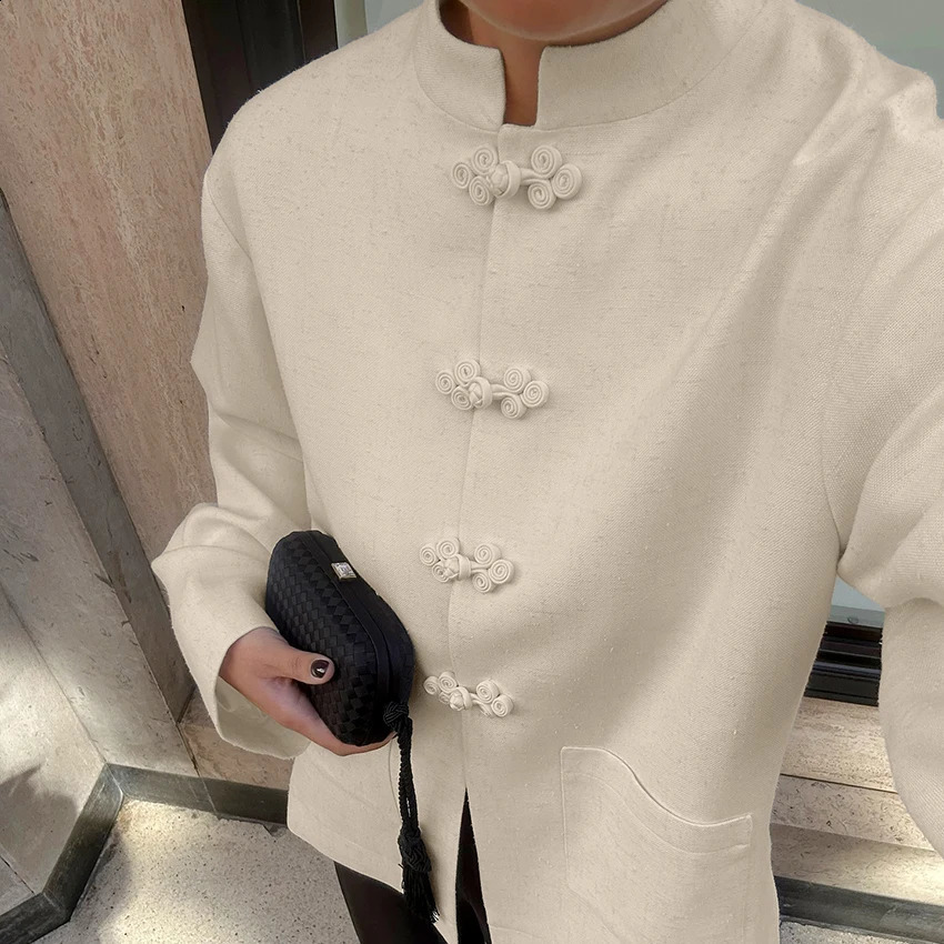 Linad Chinese Style Khaki Stand Collar Shirts Vintage Single-Breasted Split Blouse Women Casual Buttons Long Sleeve Tops Female 260915