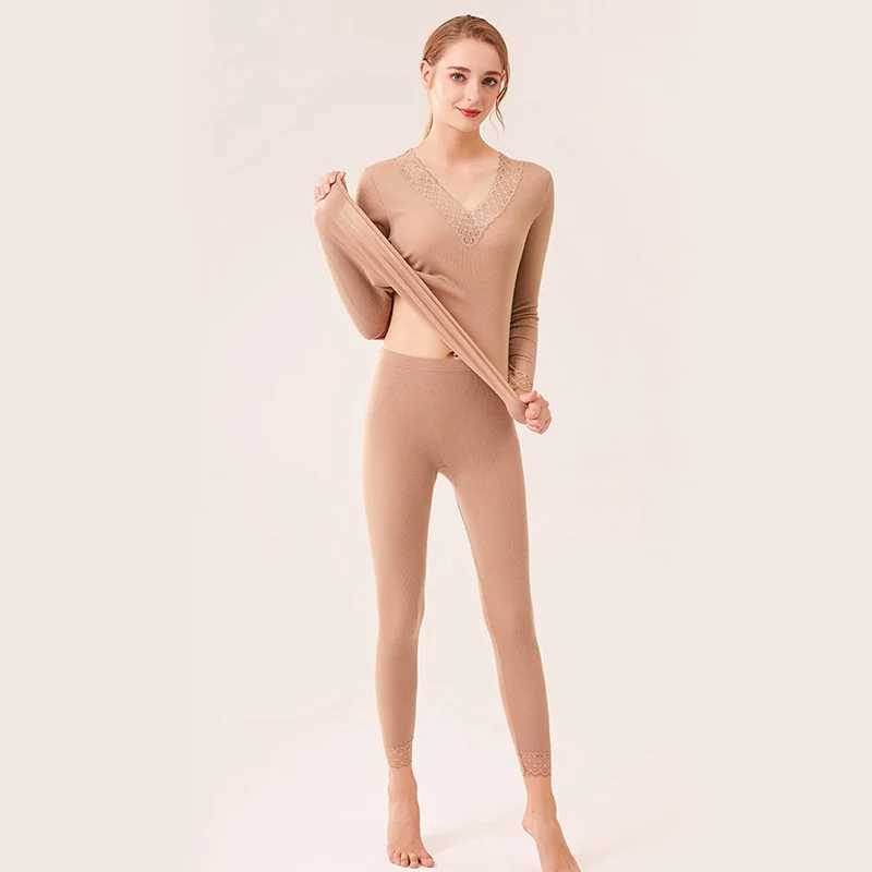 Women's thermal underwear Wool SuyaDream Women Autumn Winter Long Johns 82%Wool 18%Silk Lace V neck Solid Knitted Thermal Underwear 2022 M26091