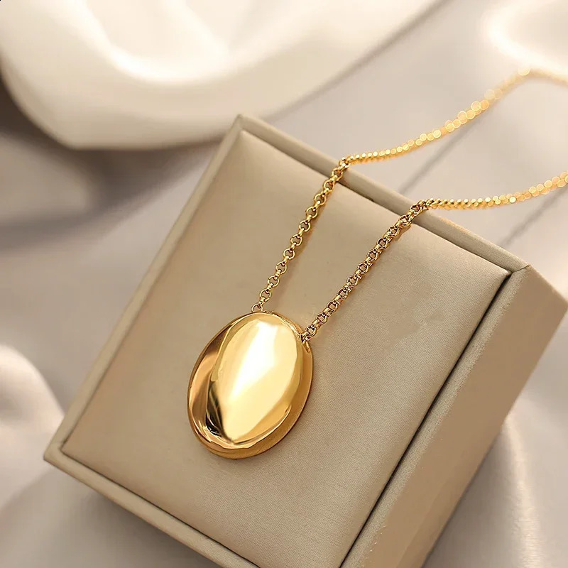 European and American Oval Pendant Stainless Steel Gold Color Long Necklace Fashion Jewelry Accessories Sweater Chian for Womens 260917