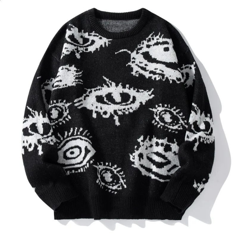 American Fashion Round Neck Long-sleeved Loose Sweater Jacquard Eye Pattern Hip Hop Casual Couple Pullover 260917