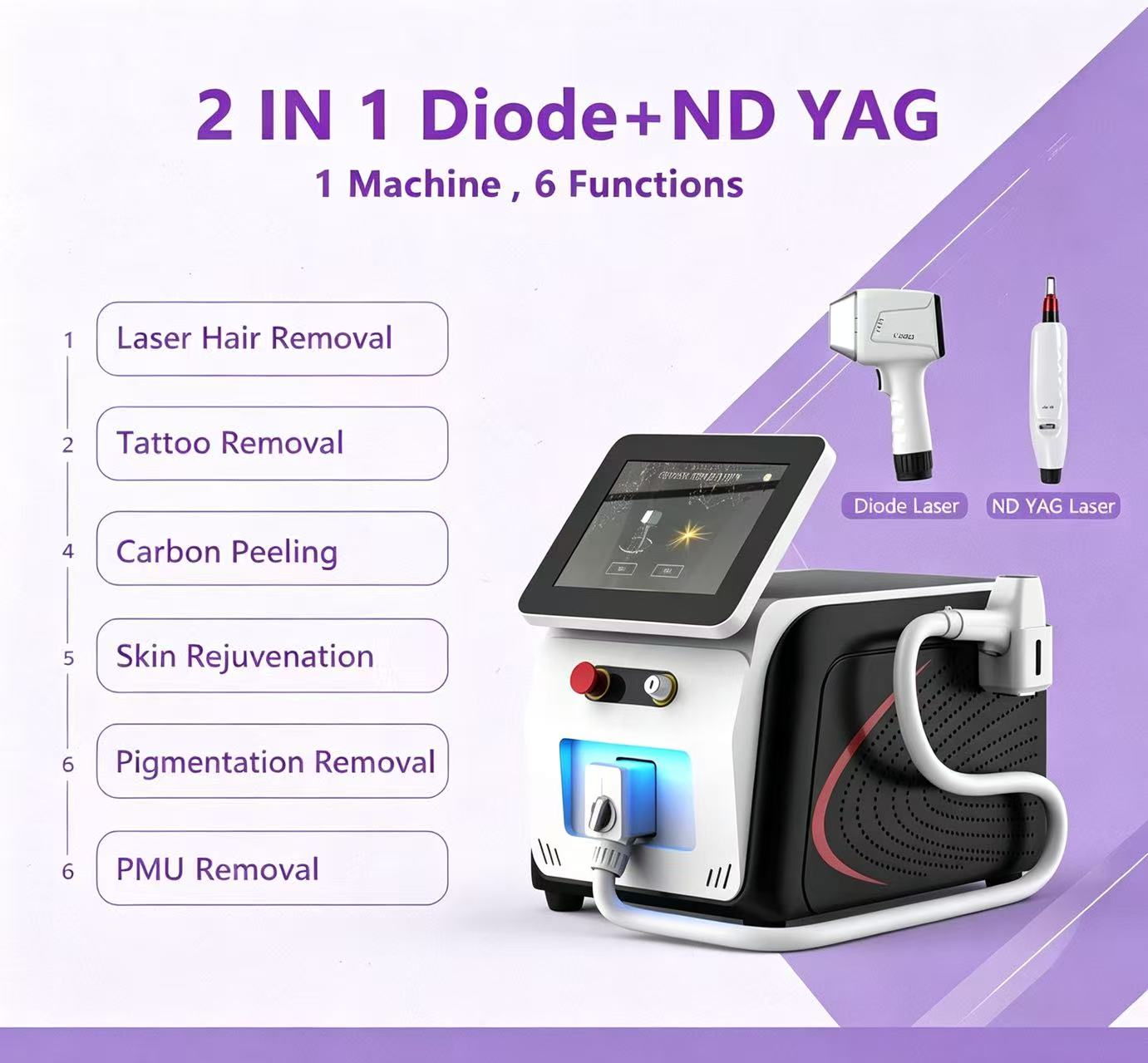 Professional Salon 2in1 Diode ND YAG Laser Device for Hair Tattoo PMU Pigment Removal Carbon Skin Peeling