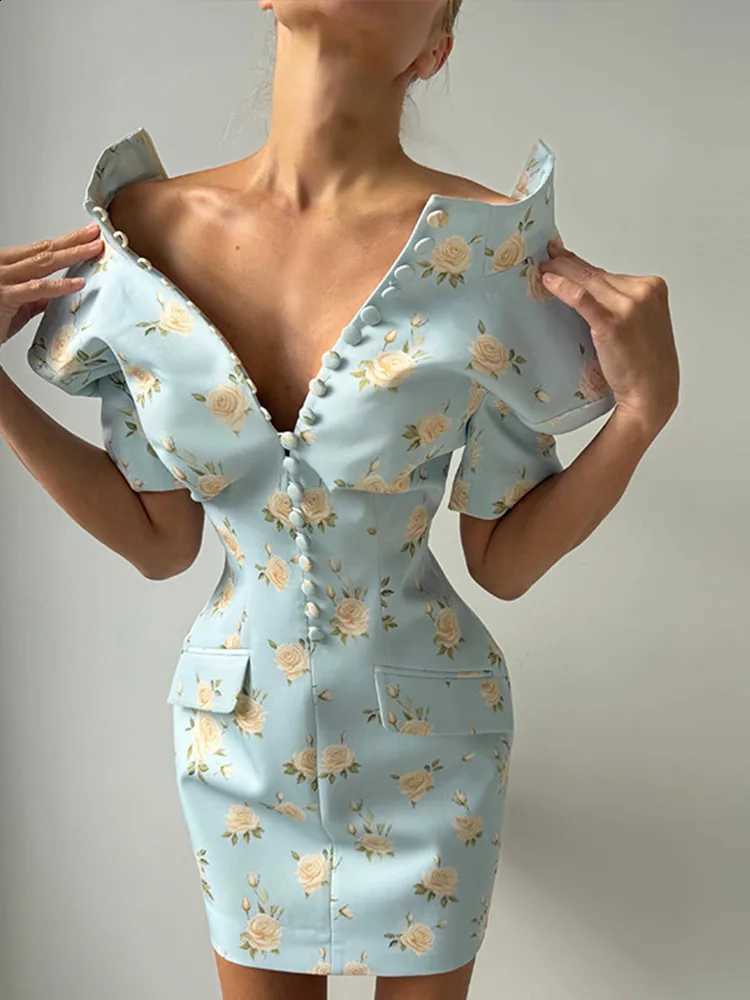 Women's Sexy Print Dress Multi Button Shoulder Pad Waist Cinching Package Hip Short Sleeved Dresses Fashion Summer Daily Wear C260917