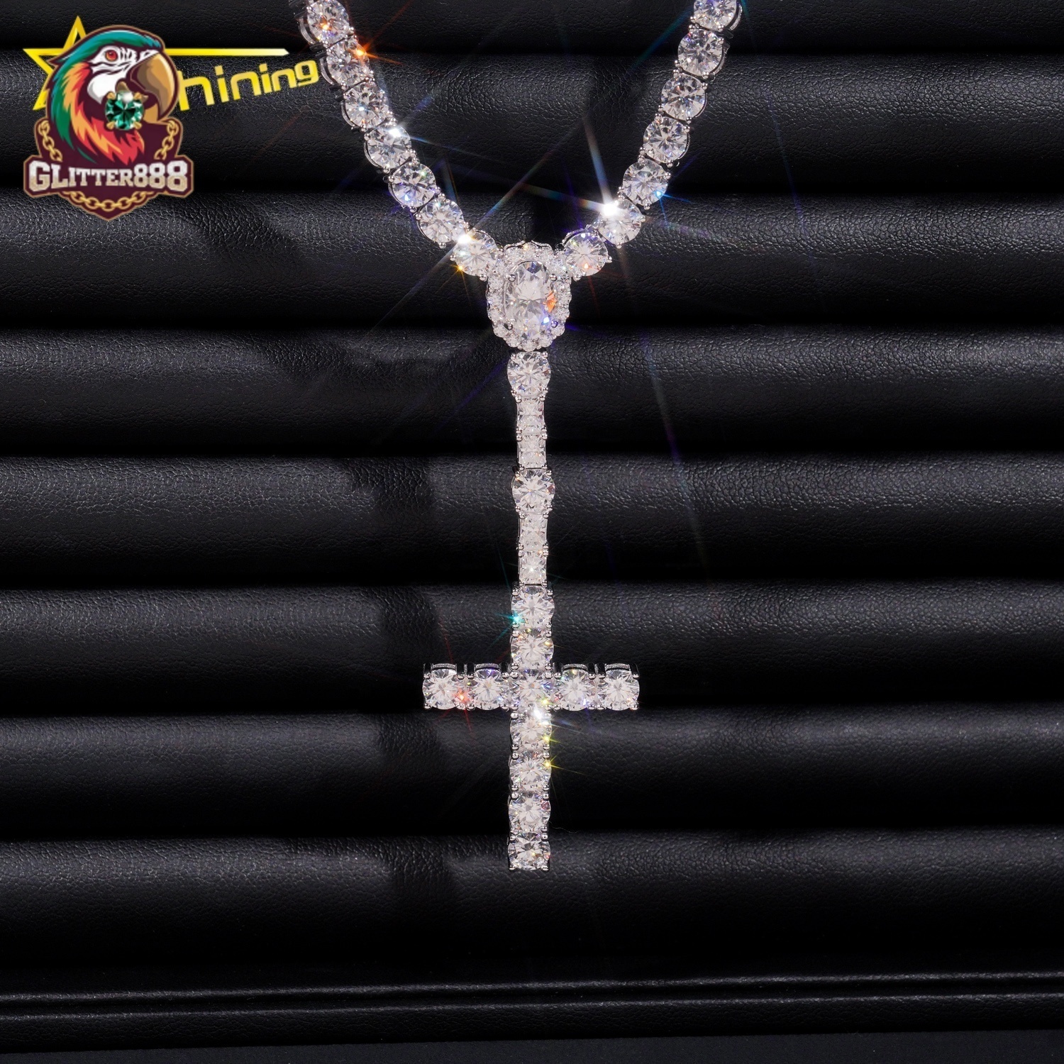 New Arrival Hot Sell Iced Out 5MM Width 925 Sterling Silver VVS Moissanite Rosary Cross Tennis Chain Necklace