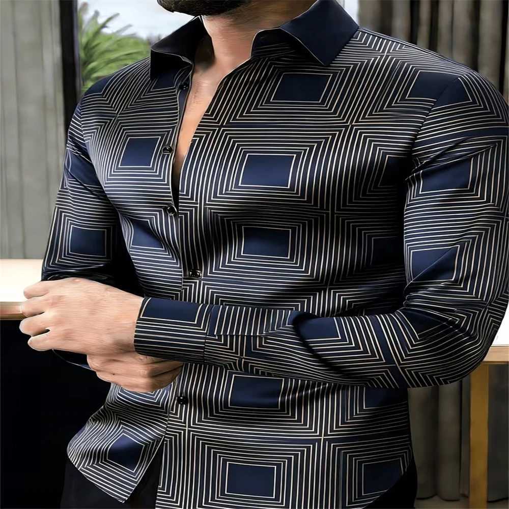 Men Geometric Optical Illusion Print Long Sve Shirt Stripe Square Pattern Lapel Button Up Business Casual Dress Shirt Q260917