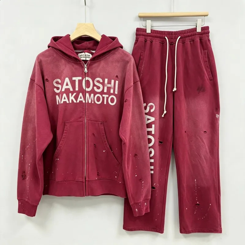 Winter Hiphop Street Men Women Oversize Tracksuit Washed Red SATOSHI Jacket Splashing Ink Fading Letters Hoody Drawstring Pants 260917