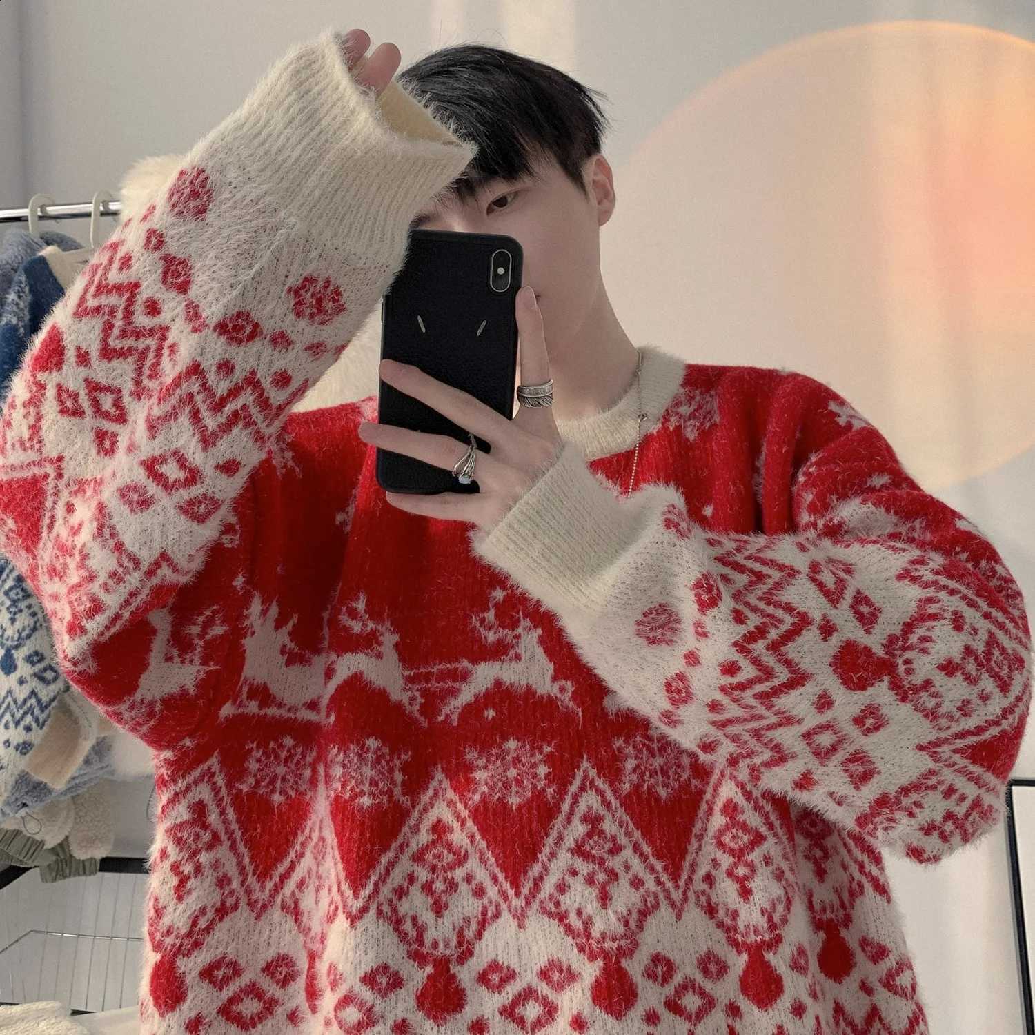 Christmas Winter Color blocked Jacquard Theme Sweater Men's Trendy Brand Loose Warm Hooded Knitted Sweater J260916