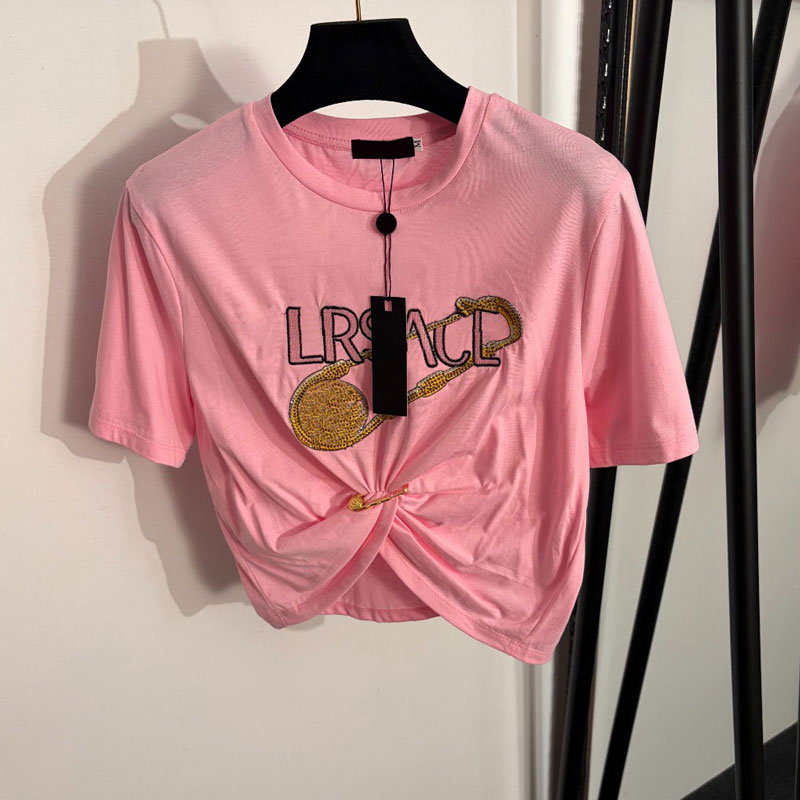 2026 Designers T-shirts Fashion Women ladies top Europe America New letter shirt with rhinestone pins waist short sleeves short style exposed navel