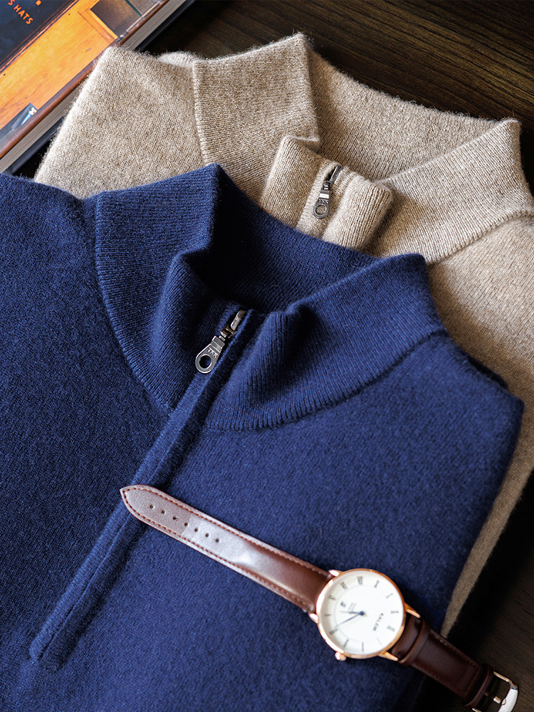 100% Pure Cashmere Sweater for Men's Half Turtleneck Zipper Pullover Long Sleeve Solid Color J260917