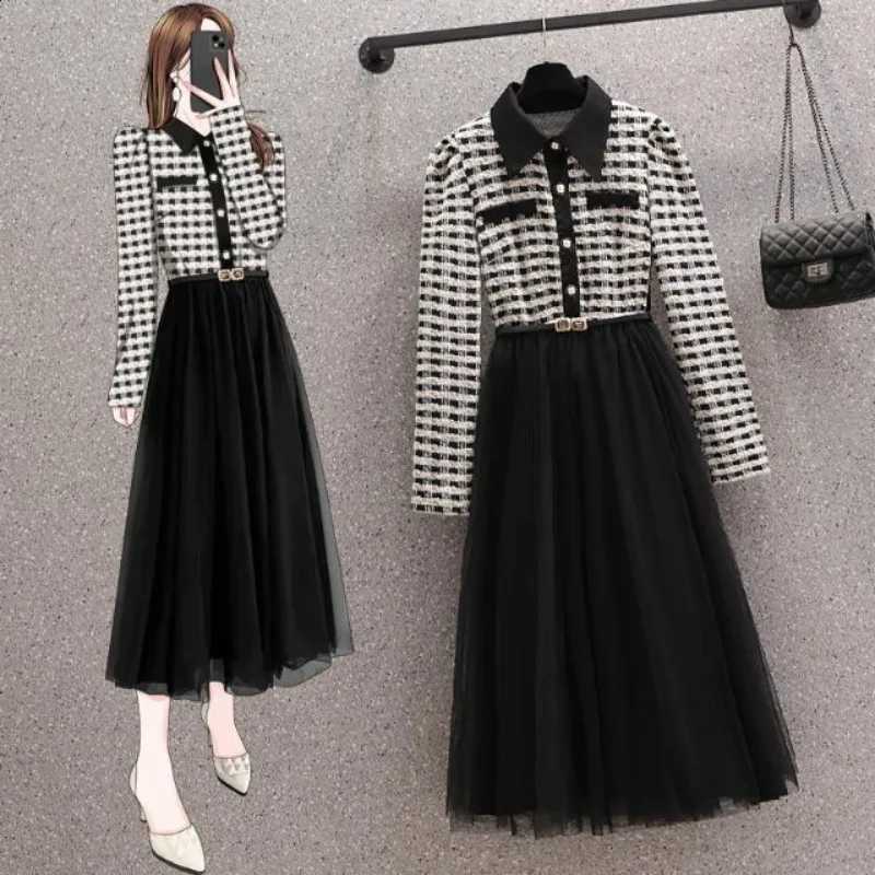 Spring Autumn Women Graceful Patchwork Mesh Midi Dress 2025 New Lady Vintage Plaid Polo Collar Dresses Fashion Elegant Clothing C260917