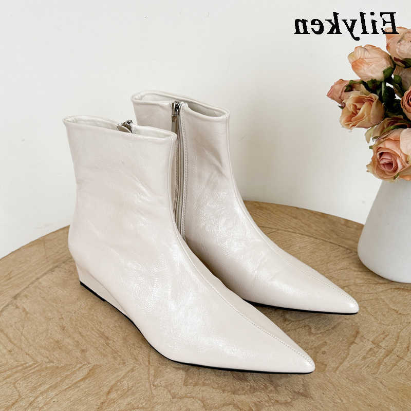 Eilyken Spring Autumn Pointed Toe Women Ankle Boots Shoes Design Style Wedge Low Heels Cracked Texture Zipper Short Booties D260917