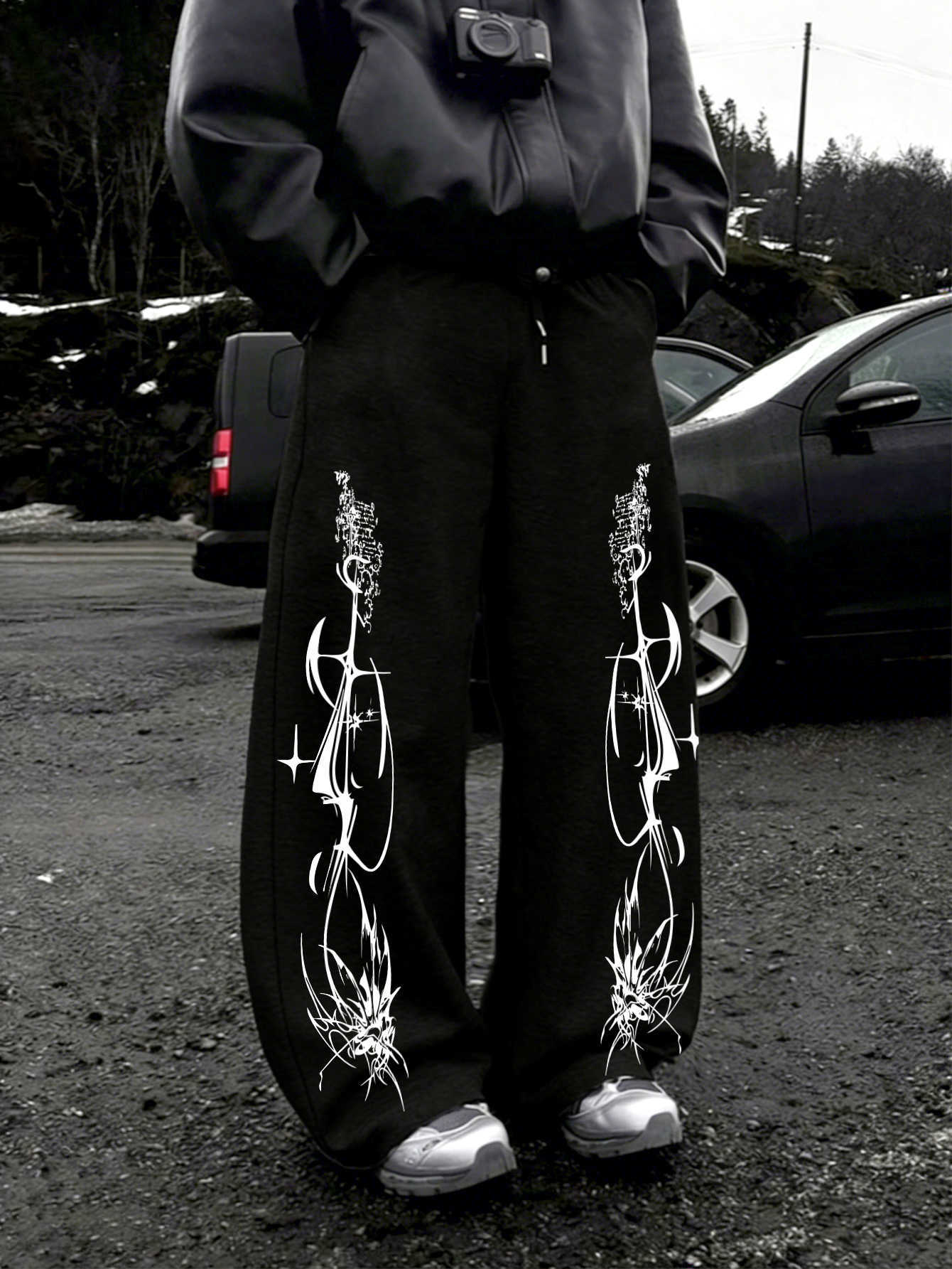 Punk Y2K Dark Abstract Gothic Cross Star Print Mens Baggy Wide Leg Sweat Pants Loose Straight Drawstring Hip Hop Street JoggersT260917