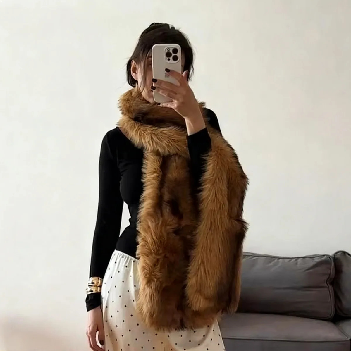 PUAL 2026 Fashion Faux Fur Scarf for Woman Autumn Winter Fluffy Striped Eco Fox Fur Neckerchief Shawl Scarves 260917