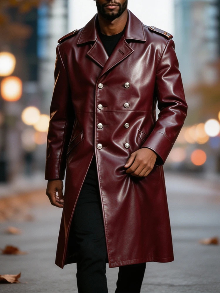 Fashionable Double Breasted Coats Mens Retro Shiny Leather Maxi Outerwear 2026 Autumn Casual Lapel Long Sleeve Jacket Men 260917